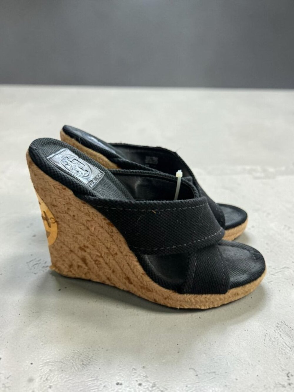 TORY BURCH Black Canvas Espadrilles Wedges Sandals Size 7.5